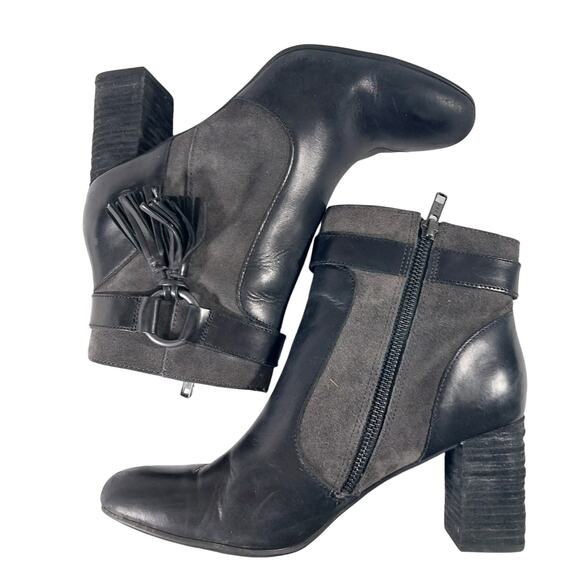 BORN! BLACK GENUINE LEATHER & GRAY SUEDE ANKLE HARNESS CHUNKY HEEL BOOTS! SZ 9M - Picture 6 of 11